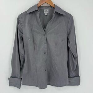 Worthington Grey Stretch Button Down Shirt Long Sleeve Career Blouse Women 4 NWT